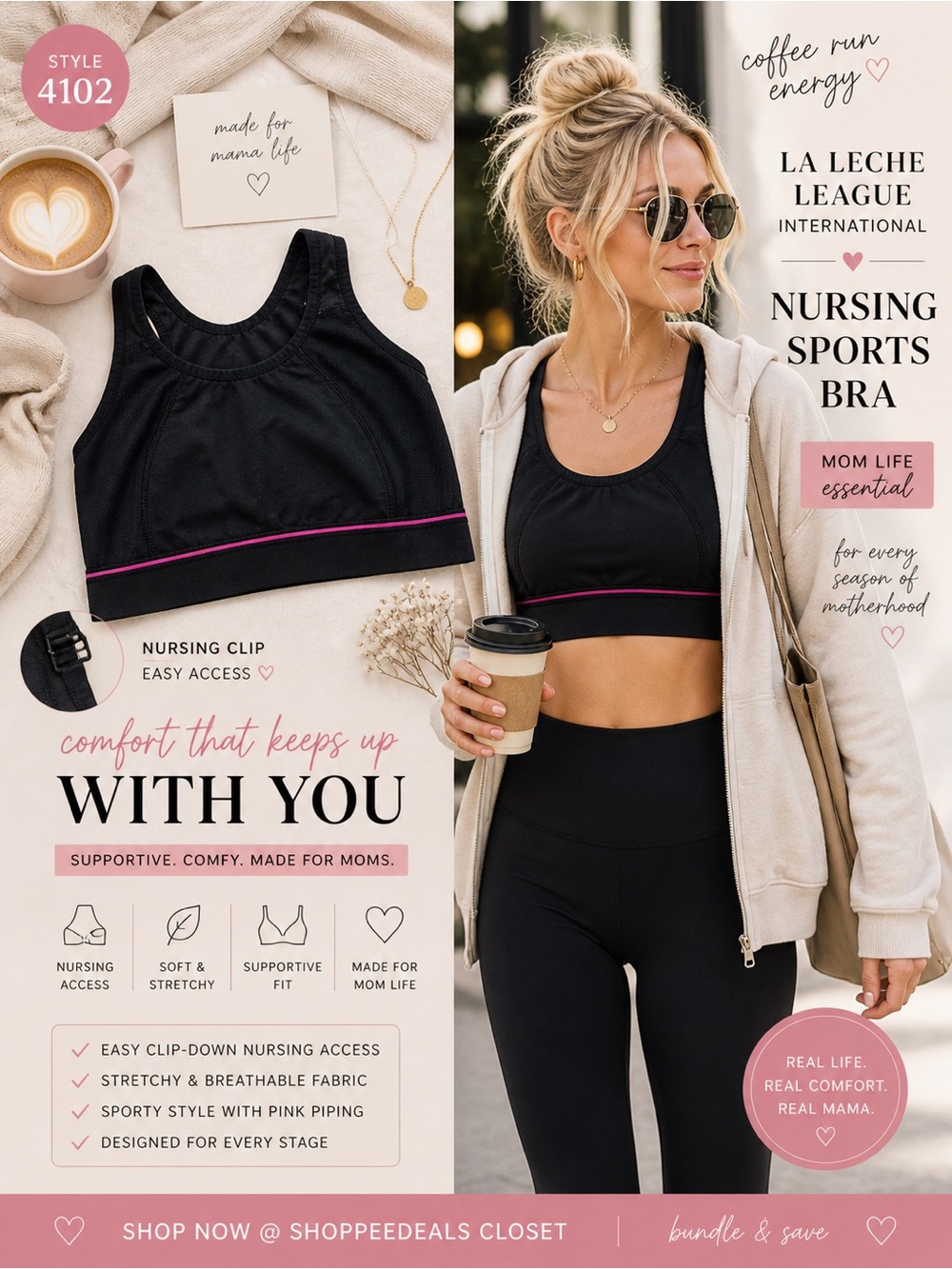 La Leche League International Nursing Sports Bra Black Pink Trim Style 4102